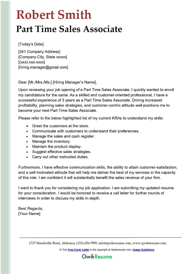 cover letter for part time sales associate